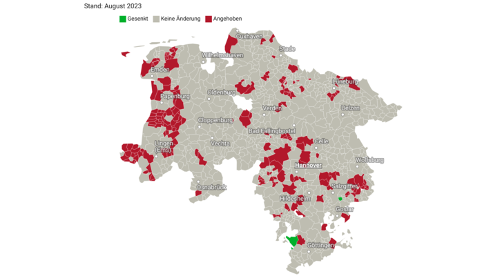 Jede fünfte Gemeinde in Niedersachsen hat 2023 den Grundsteuer-B-Hebesatz angehoben Jede fünfte Gemeinde in Niedersachsen hat 2023 den Grundsteuer-B-Hebesatz angehoben