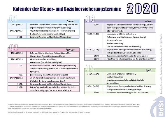 Kalender der Steuer- und Sozialversicherungstermine Kalender der Steuer- und Sozialversicherungstermine