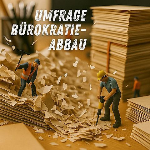 Miniaturfiguren in Bauarbeiterkleidung reißen Papierstapel auf einem Schreibtisch symbolisch mit Presslufthammer und Spitzhacke auf.