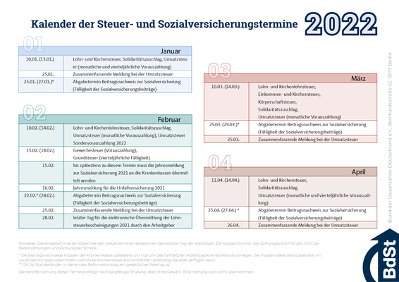 Termine für Ihren Steuerkalender 2022
