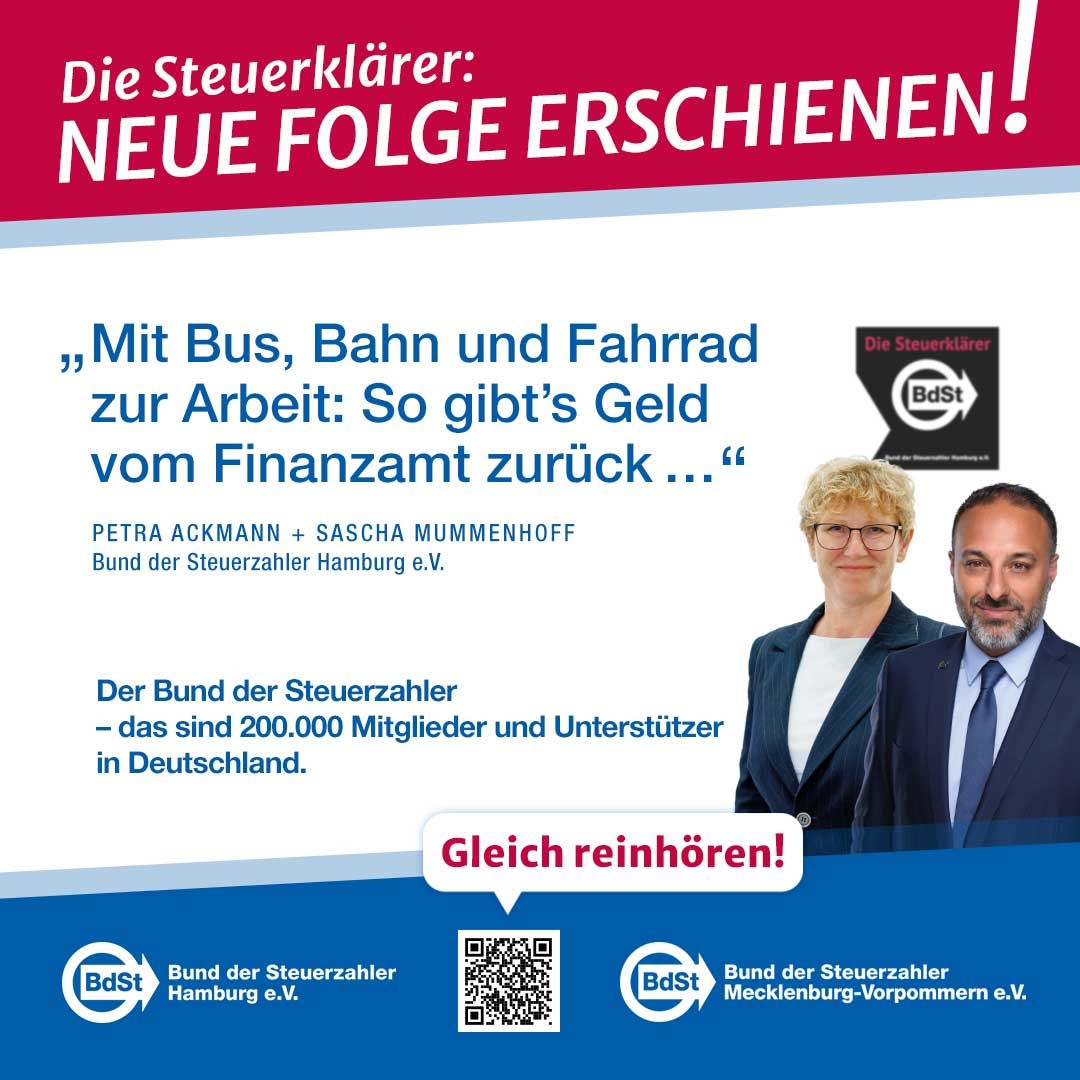 Welche Mobilitätskosten lassen sich von der Steuer absetzen – und welche nicht? Das erklären Petra Ackmann (steuerpolitische Sprecherin des BdSt Hamburg) und Vorsitzender Sascha Mummenhoff.