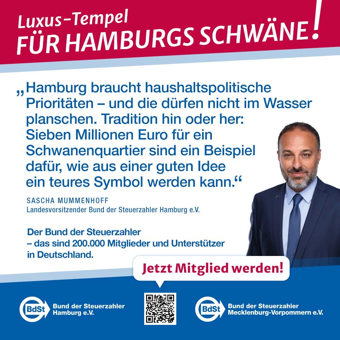 Die Alsterschwäne sind zweifellos ein traditionsreiches Wahrzeichen Hamburgs. Doch bei einem Neubau mit Kosten von rund 7 Millionen Euro stellt sich zwangsläufig die Frage nach der Verhältnismäßigkeit. Der Bund der Steuerzahler sieht das Projekt krit