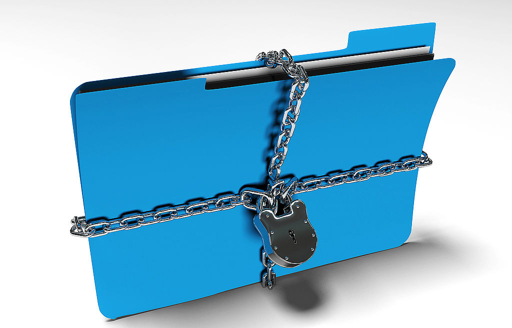 folder with chain and padlock, hidden data, security, 3d render