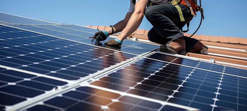 A worker installs solar panels on the roof of a house