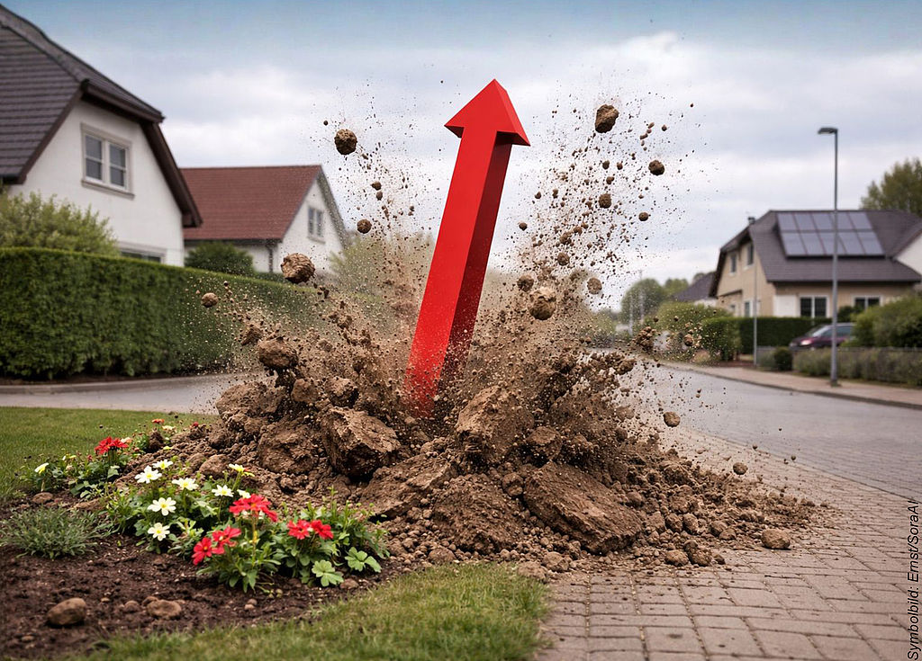 Roter Pfeil, der in einer typisch deutschen Einfamilienhaussiedlung aus der Erde gerammt wird und gen Himmel zeigt.