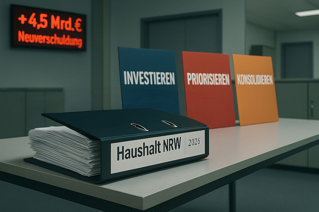 Die geplante Neuverschuldung in NRW von 4,5 Milliarden Euro ist falsch und nicht generationengerecht. Aktenordner mit Aufschrift ‚Haushalt NRW 2026‘ vor Tafeln mit ‚Investieren‘, ‚Priorisieren‘ und ‚Konsolidieren‘; im Hintergrund LED-Anzeige ‚+4,5 Mrd. € Neuverschuldung