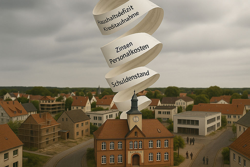 Die aktuellen Zahlen von IT-NRW offenbaren eine Schuldenspirale bei etlichen Kommunen in NRW. Rathaus mit spiralförmigem Kassenbon-Streifen, beschriftet mit Schuldenstand, Personalkosten, Fördermittel, Kreditaufnahme