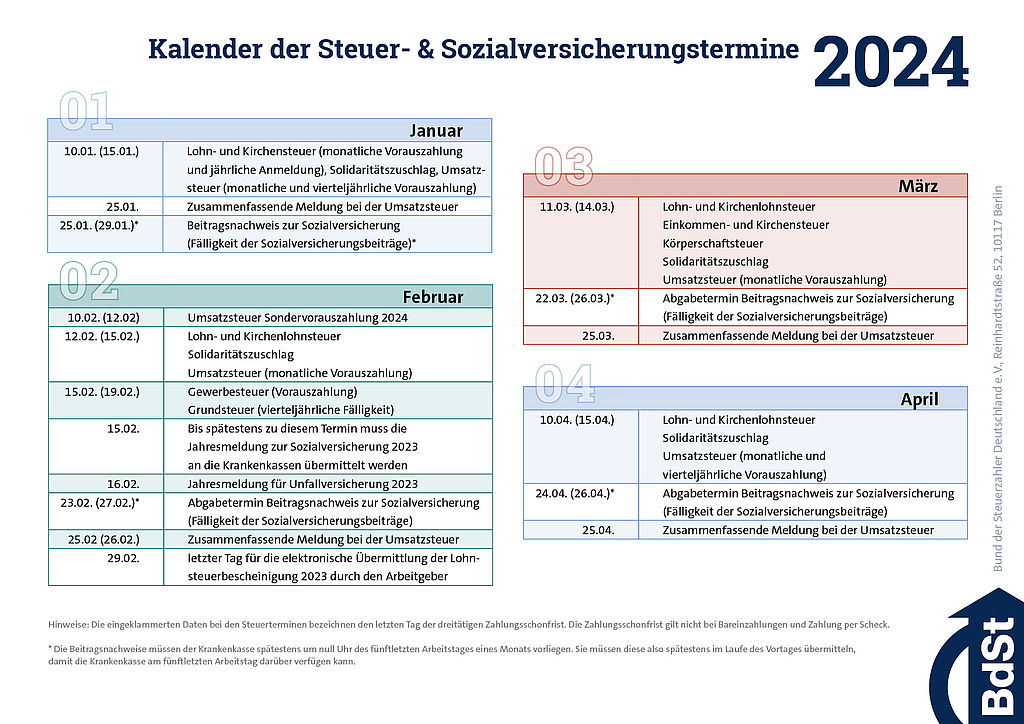 Termine für Ihren Steuerkalender 2024 Bund der Steuerzahler e.V.