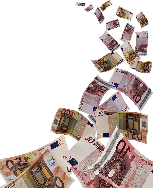 a lot of flyinq euro banknote on withe background