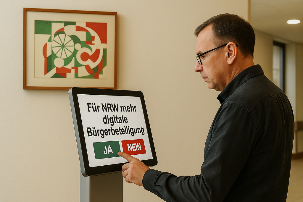 Symbolbild digitale Bürgerbeteiligung Person stimmt an digitaler Säule über mehr Bürgerbeteiligung in NRW ab, Finger zeigt auf JA-Schaltfläche